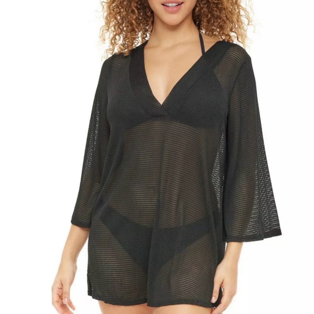 Jordan Taylor Mesh V-Neck Tunic Swim Cover Size S Black 3/4 Bell Sleeve